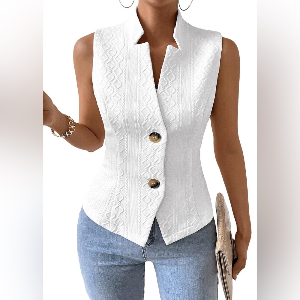 MinaSelf White Textured Sleeveless Vest Small NWT | Tailored Blazer Style Top